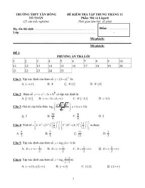 Đề kiểm tra tập trung tháng 11 phần Mũ và lôgarit